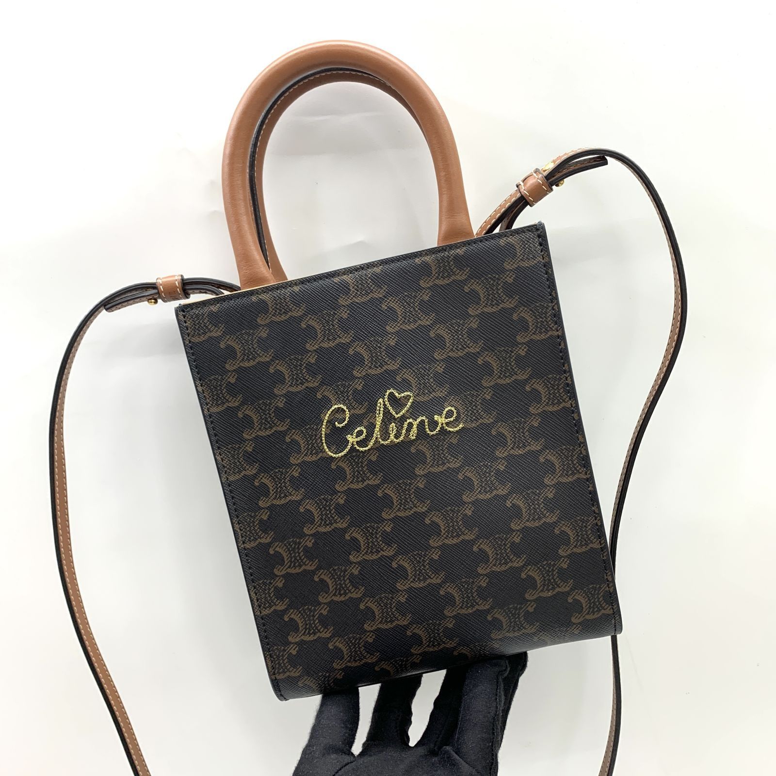 CELINE TRIOMPHE MINI CABAS VERTICAL 2WAY TOTE EMBROIDERY LOGO SHOULDER BAG 247023602 AL