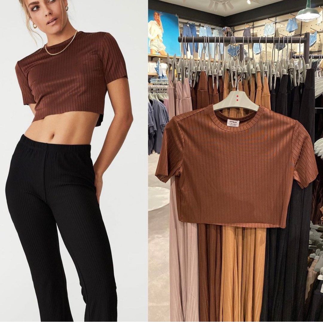 cotton on crew neck crop top (choco brown) (Category: Others Tops) located in Taguig. Submitted by hanzdeclutter (Listing ID 1315020331, Image 1). Description: used once :) 2 colors avail; •choco brown •beige both fits xs-s pay first - gcash lalamove / j&t sf starts at ₱45 📍taguig loc.