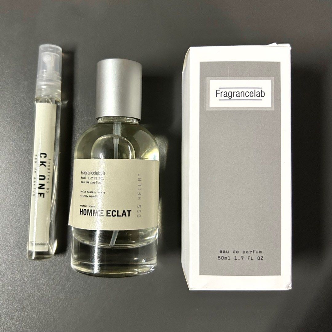 Fragrance Lab - Homme Eclat & CK One (Category: Fragrance & Deodorants) located in Caloocan City. Submitted by escolar (Listing ID 1315033193, Image 1). Description: TAKE ALL FOR P300 Sprayed once for testing only Homme Eclat - 50mL CK One - 10mL.