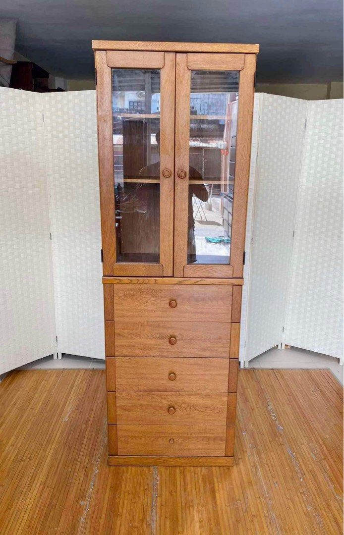 JAPAN SURPLUS FURNITURE SLIM DISPLAY/PANTRY CABINET 2GLASS DOORS 5DRAWERS ADJUSTABLE SHELVES SIZE 23.5L x 17.75W x 71.5H in inches (AS-IS ITEM) IN GOOD CONDITION (Category: Shelves, Cabinets & Racks) located in Manila. Submitted by Hezcki (Listing ID 1315080625, Image 1). Description: .
