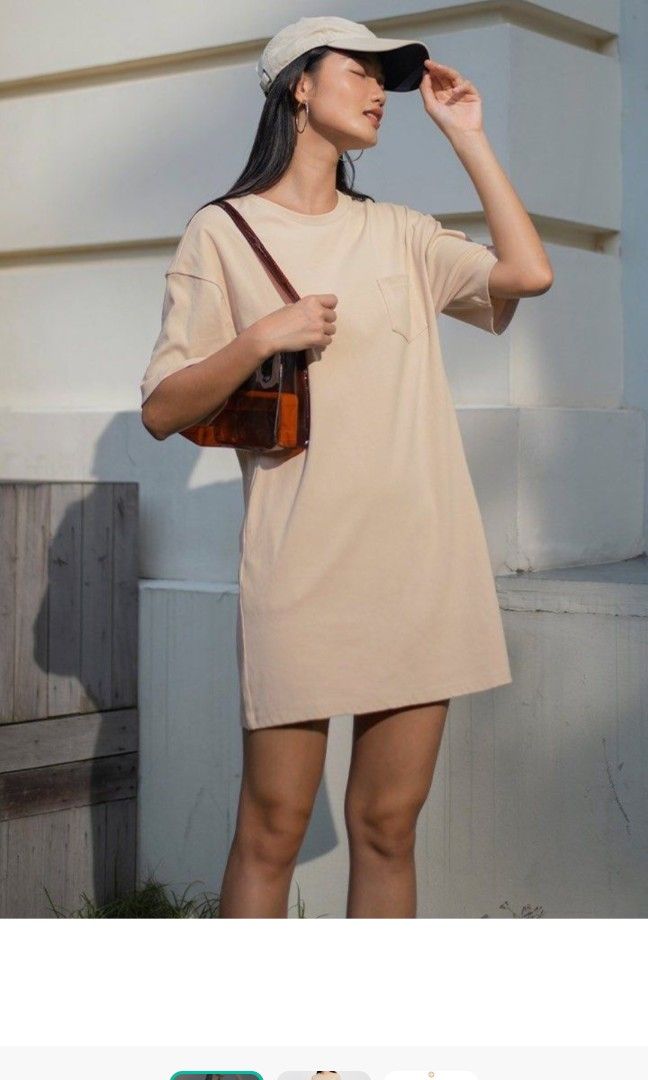 Lovet Geraldine Boxy Pocket T shirt Dress Sand