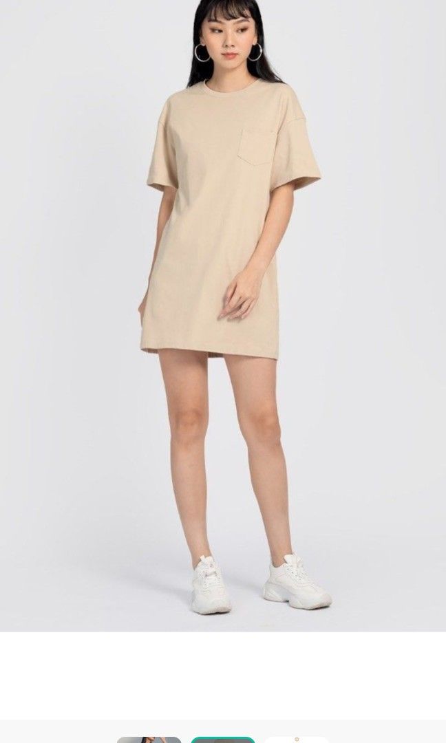 Lovet Geraldine Boxy Pocket T shirt Dress Sand