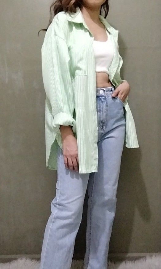 Oversized Striped Green Longsleeves+ FREEBIE (Category: Longsleeves) located in Cebu City. Submitted by laganda (Listing ID 1315074523, Image 1). Description: like brand new free size ( armhole 28" bust 54" length 30").