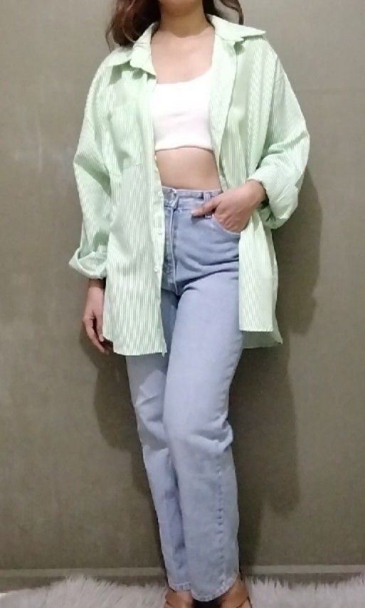 Oversized Striped Green Longsleeves+ FREEBIE (Category: Longsleeves) located in Cebu City. Submitted by laganda (Listing ID 1315074523, Image 2). Description: like brand new free size ( armhole 28" bust 54" length 30").