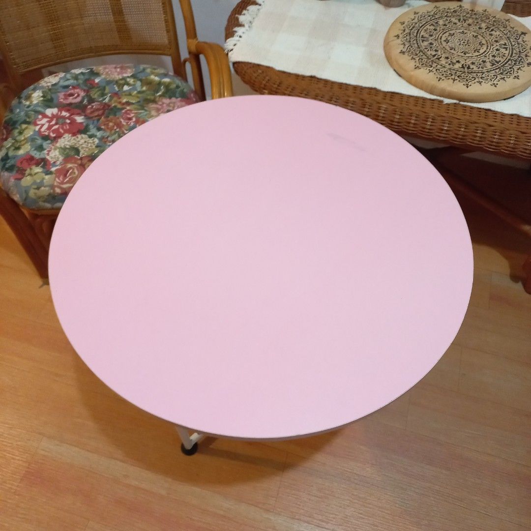 Round pink minimalist coffee table side table center table (Category: Tables & Sets) located in Dasmarinas. Submitted by millennialmeetsvintage (Listing ID 1314997411, Image 2). Description: SALE💗 before: 1500 now: 1200 material: laminated mdf top and steel base well made sturdy and durable light pink color H 55 x D 55 cm fixed price, no haggling 📌shipping via lalamove only 📌no reservations, first-to-pay basis 📌no physical store, no walk-ins 