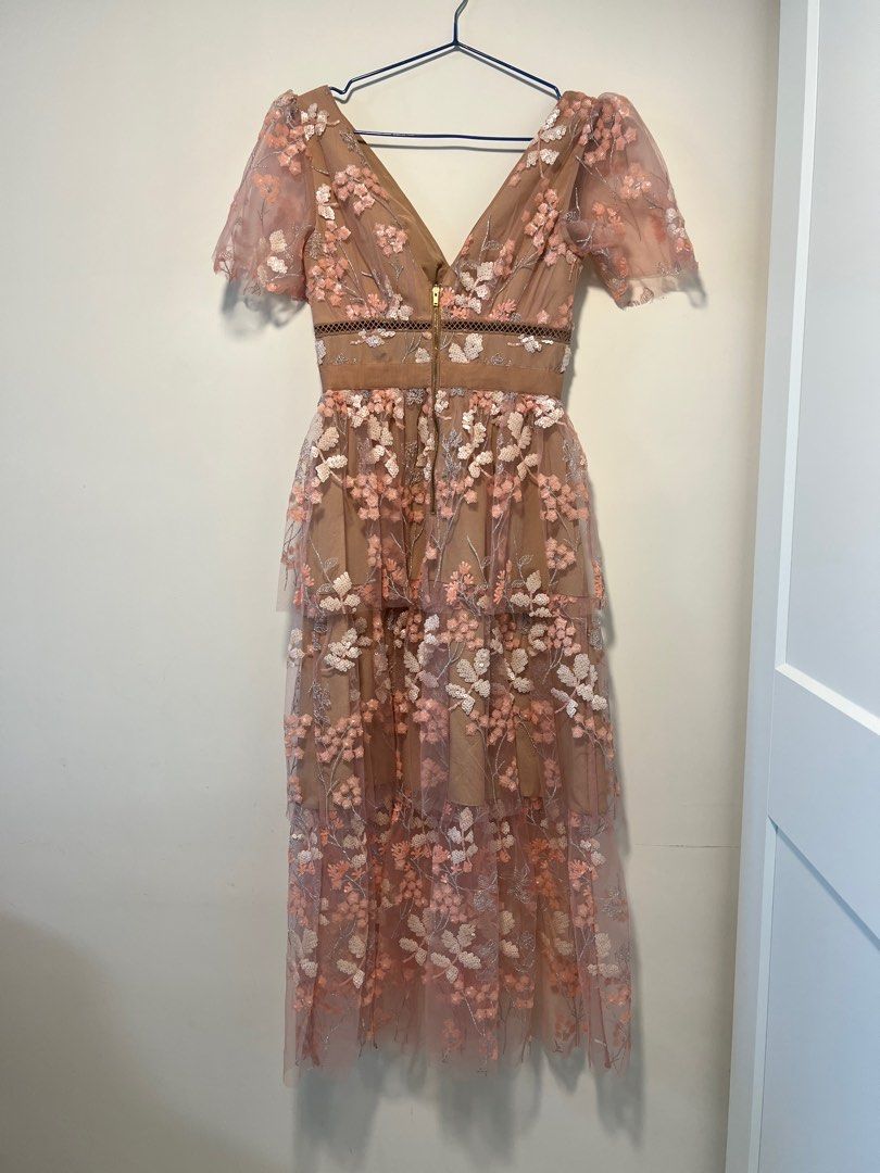 self portrait flower mesh tiered midi dress Self-Portrait Pink Flower Mesh Tiered Midi Dress  House Of Huntington