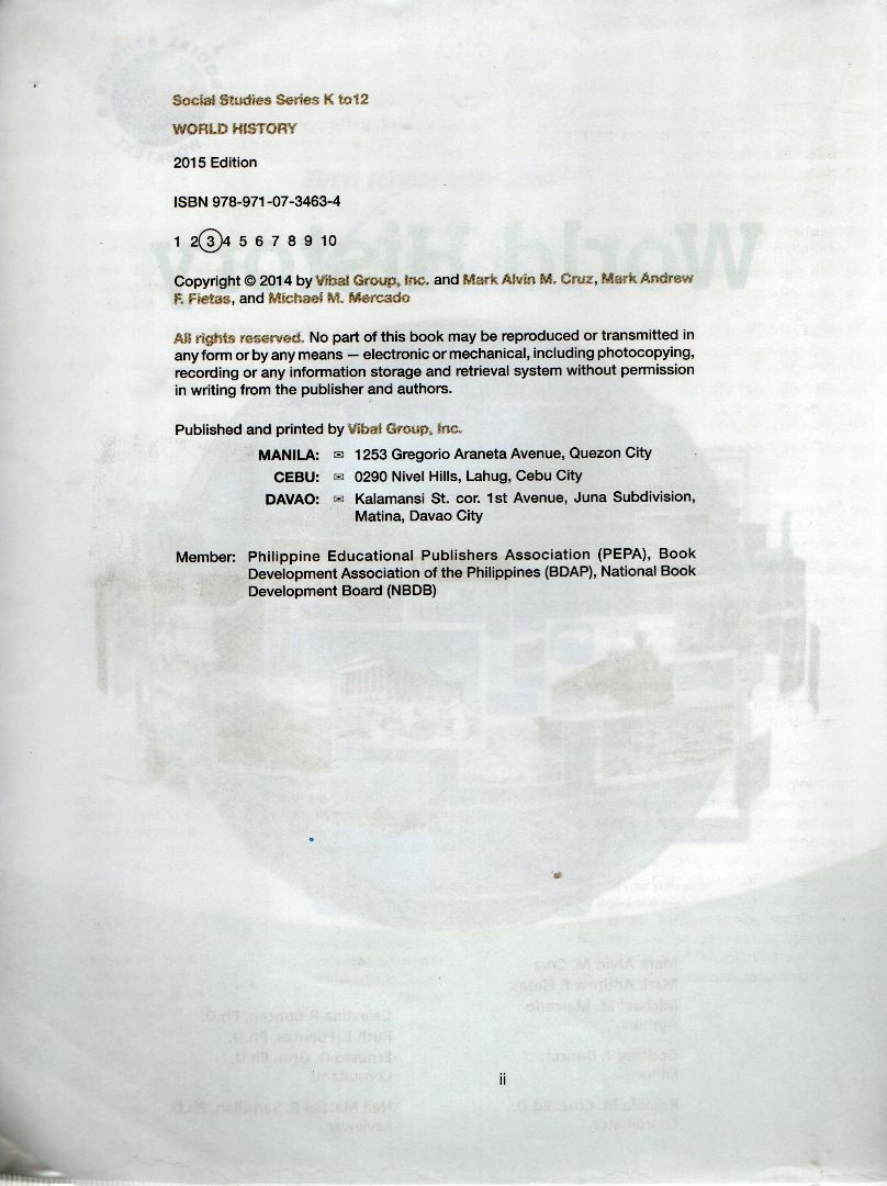 Social 8 Vibal World History 2015 Edition (Category: Textbooks) located in Valenzuela. Submitted by nkcm1 (Listing ID 1315075378, Image 2). Description: Social 8 2015 Edition Copyright © 2014 Vibal Publishing Pre-owned, Actual book picture Some question have ballpen answers about a quarter of the book pm for further inquiries and picture.