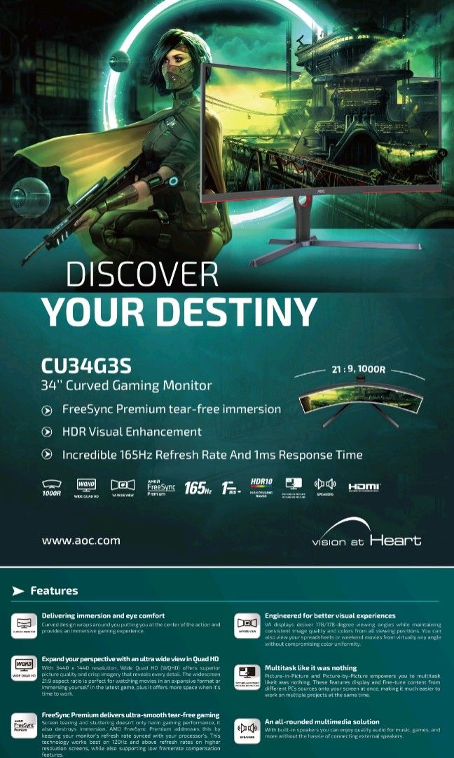 AOC Monitors Model 34 Ultrawide Curved 165Hz CU34G3S