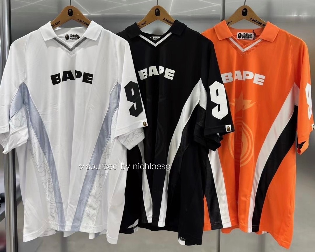 BAPE MULTI LOGO RELAXED FIT SOCCER JERSEY, Men's Fashion, Tops