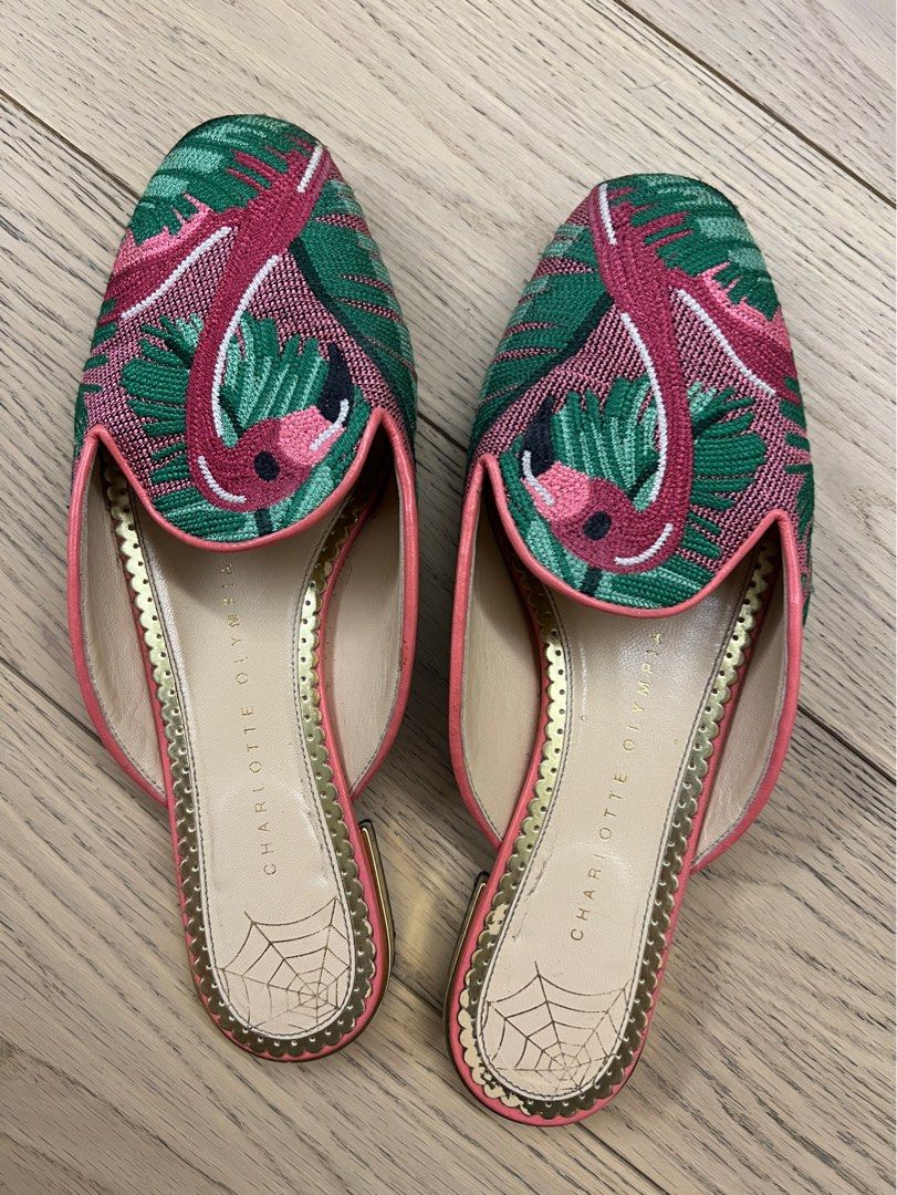 CHARLOTTE OLYMPIA Flamingo embroidered slipper shoes Carousell