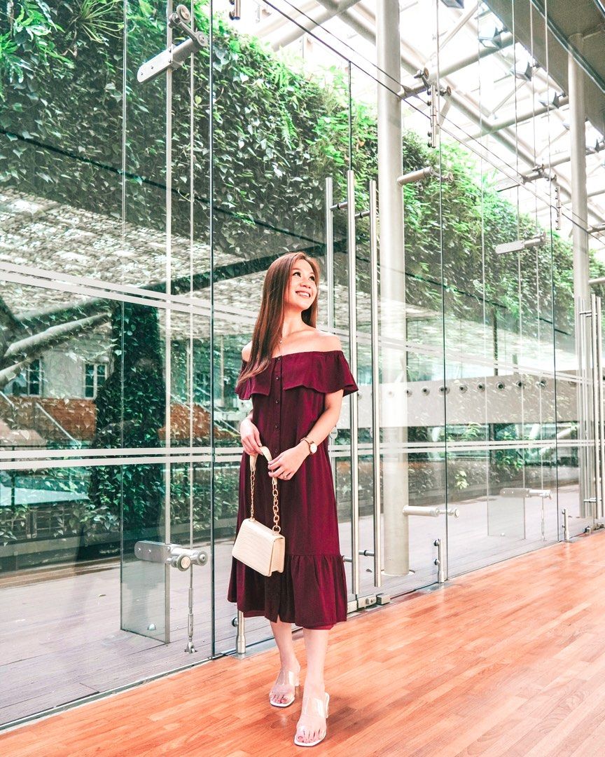 Fashmob Riley Off Shoulder Flutter Button Down Flare Dress in Oxblood Maroon