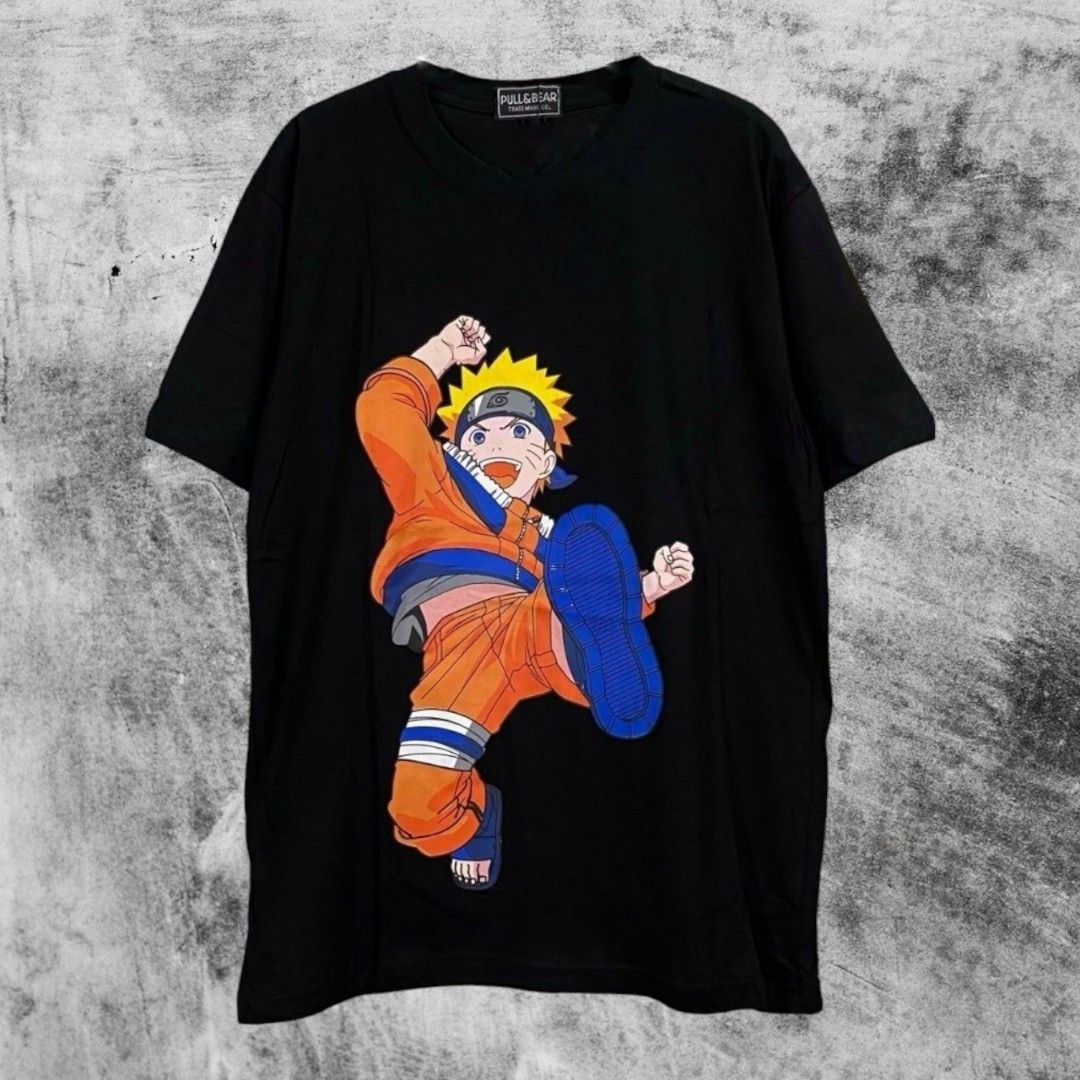 Kaos T-Shirt Naruto Pull Bear Hitam, Fesyen Pria, Pakaian