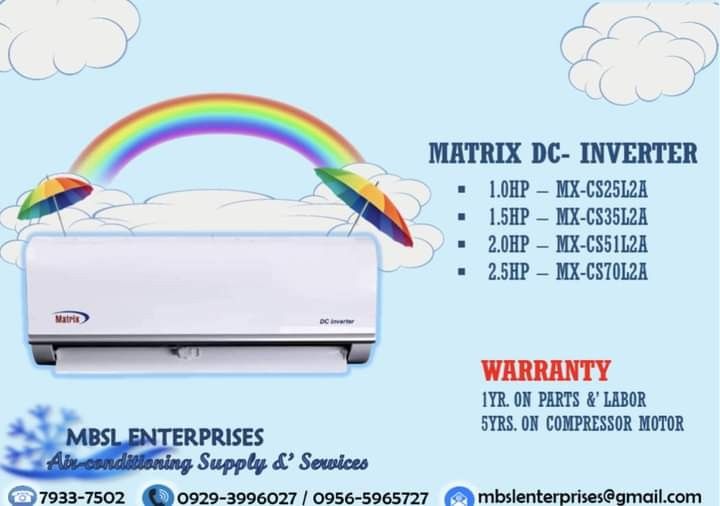 Matrix wall mounted Inverter split type Aircon unit with free installation (Category: Air Conditioning and Heating) located in Quezon City. Submitted by airconditi97238 (Listing ID 1315145306, Image 1). Description: PROMO! �PROMO! �PROMO!� AIR-CON SPLIT TYPE INVERTER FREE INSTALLATION BRAND NEW FACTORY SEALED SALE! SALE! SALE! Guaranteed cheaper price compared to mall! �Complete Warranty and Receipt �We Offered Available Brand �Every Purchase of 