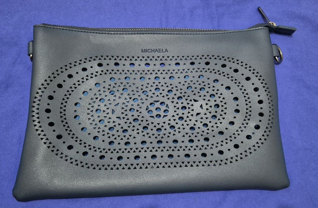 MIchaela Sling Bag (Category: Cross-body Bags) located in Pasig City. Submitted by zduran04 (Listing ID 1315262287, Image 1). Description: -Original Michaela Bag - Blue sling bag with long and short strap included -never used -measurement is in the picture -can be sling bag or pouch bag.
