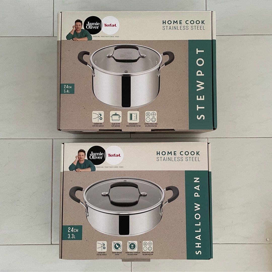 Set of 2 Jamie Oliver Tefal Home Cook Stainless Steel Stew Pot and Shallow Pan
