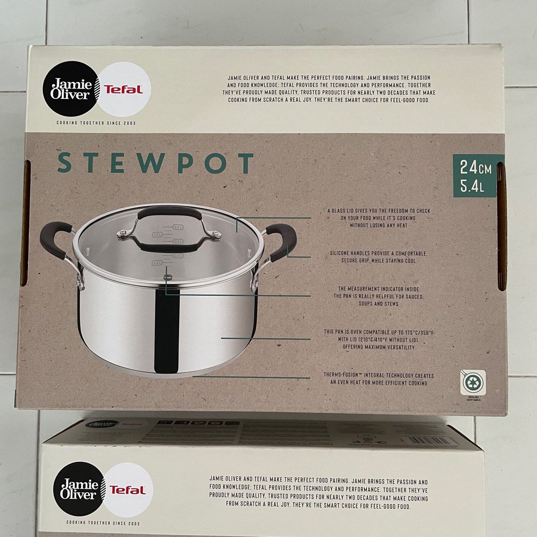 Set of 2 Jamie Oliver Tefal Home Cook Stainless Steel Stew Pot and Shallow Pan