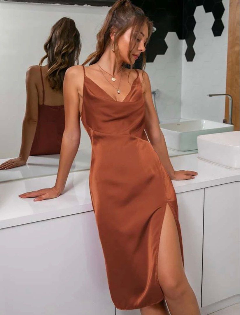 shein satin cami dress (Category: Dresses) located in Mandaluyong City. Submitted by declutterwitheway (Listing ID 1266339066, Image 1). Description: used once for a special occassion bought at P600 plus, selling for P400 flattering on S-M but more on M :) pls dm for when worn color is burnt orange or rust.
