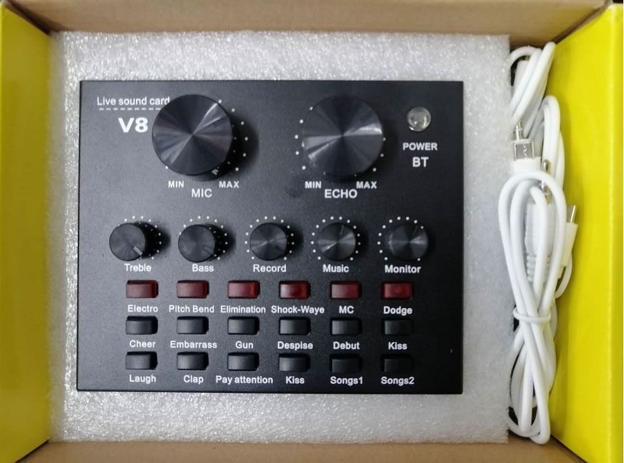 V8 SOUND CARD WITH BLUETOOTH FOR LIVE STREAMING (Category: Soundbars, Speakers & Amplifiers) located in Quezon City. Submitted by lhanex (Listing ID 1315195937, Image 2). Description: Multiple Sound Effects and Voice Change Function The V8 sound card have 10 funny sound effects, 4 kinds of voice changing functions and 7 kinds of volume adjustment modes. The V8 sound card have 12 funny sound effects, 4 kinds of voice changing functions and 7 kinds