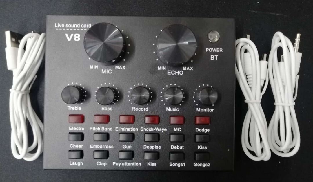 V8 SOUND CARD WITH BLUETOOTH FOR LIVE STREAMING (Category: Soundbars, Speakers & Amplifiers) located in Quezon City. Submitted by lhanex (Listing ID 1315195937, Image 1). Description: Multiple Sound Effects and Voice Change Function The V8 sound card have 10 funny sound effects, 4 kinds of voice changing functions and 7 kinds of volume adjustment modes. The V8 sound card have 12 funny sound effects, 4 kinds of voice changing functions and 7 kinds