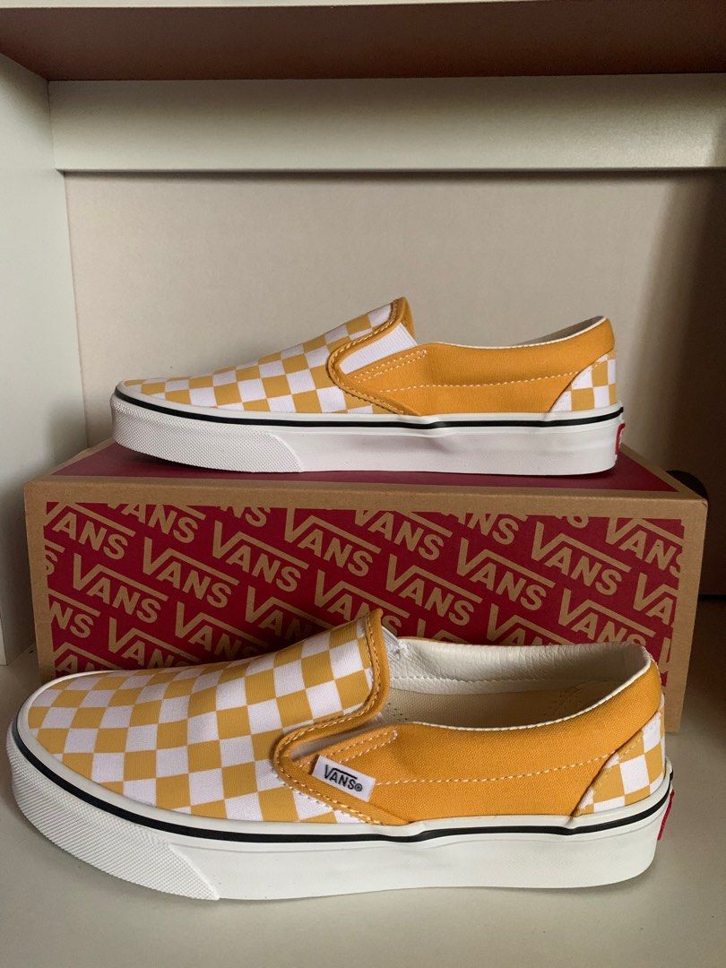 VANS Classic Slip on Mustard Checkerboard Women s Fashion Footwear Sneakers on Carousell