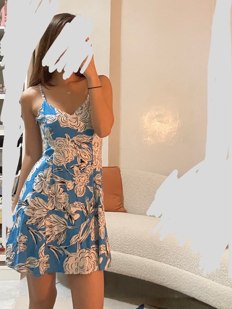 blue floral dress zara Zara Blue Green Floral Smocked V Neck Sleeveless Side Slit Sheath Midi –  Brie main image 1