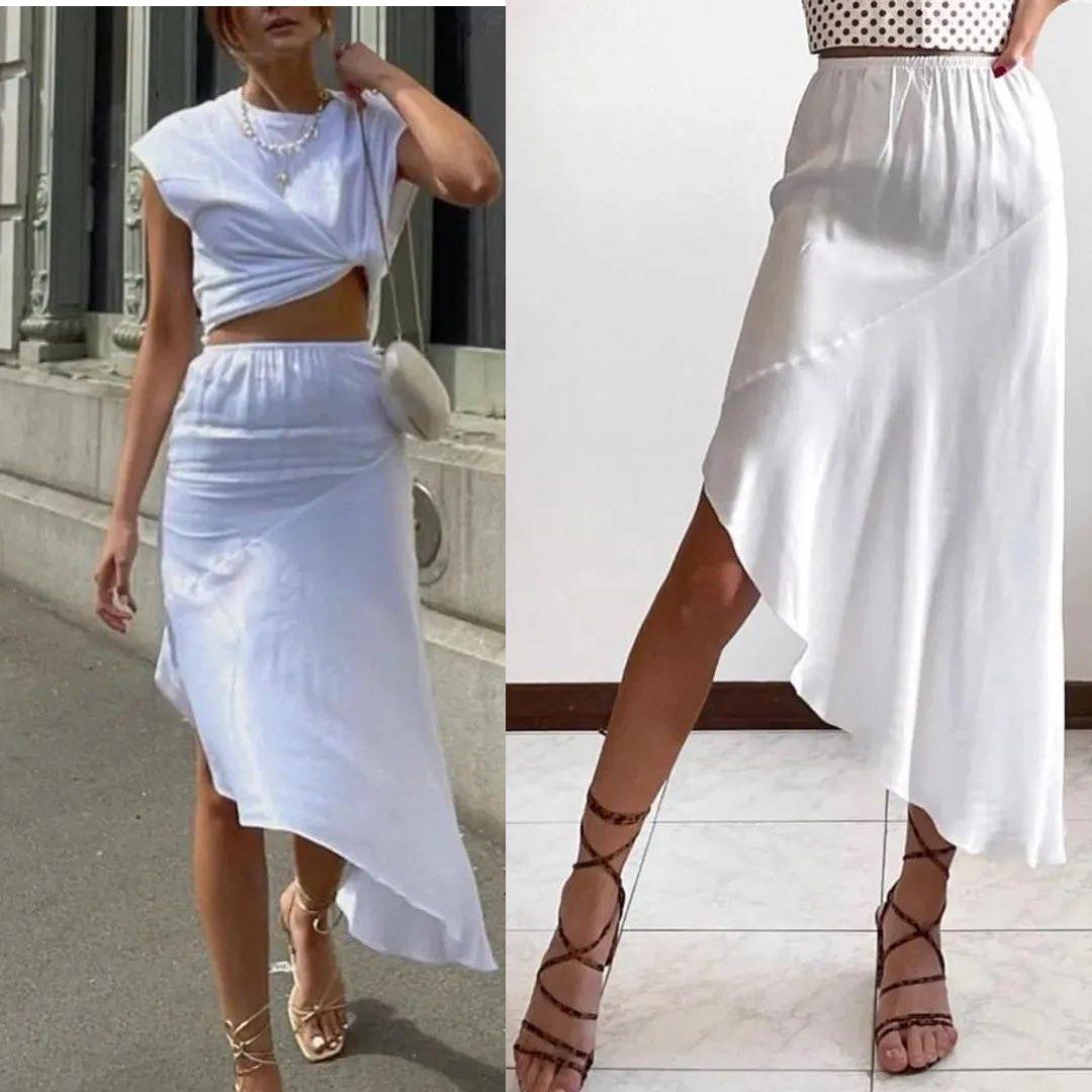 Zara midi skirt white asymmetrical hi low long skirt Size US Large fits Large XL Filipina frames Waist 31 37 inches listsellwin Women s Fashion Bottoms Skirts on Carousell