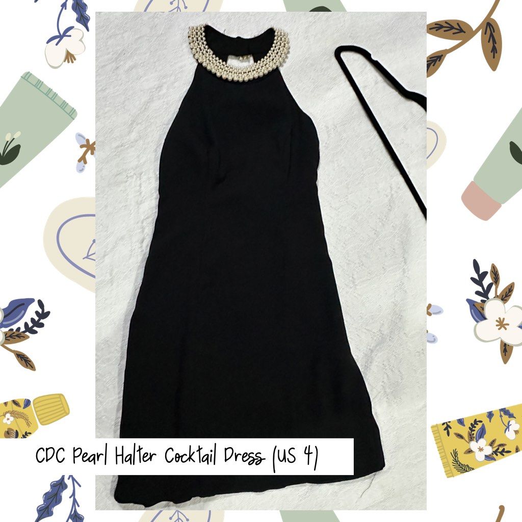 CDC Pearl Halter Cocktail Dress (Category: Dresses) located in San Juan City. Submitted by believeinrepair (Listing ID 1311944682, Image 1). Description: Pearl detail is very pretty. Used once and I super love it… Breakfast at Tiffany vibes, but the length is not flattering for me (I’m pear shaped). Fabric is also thick and premium.