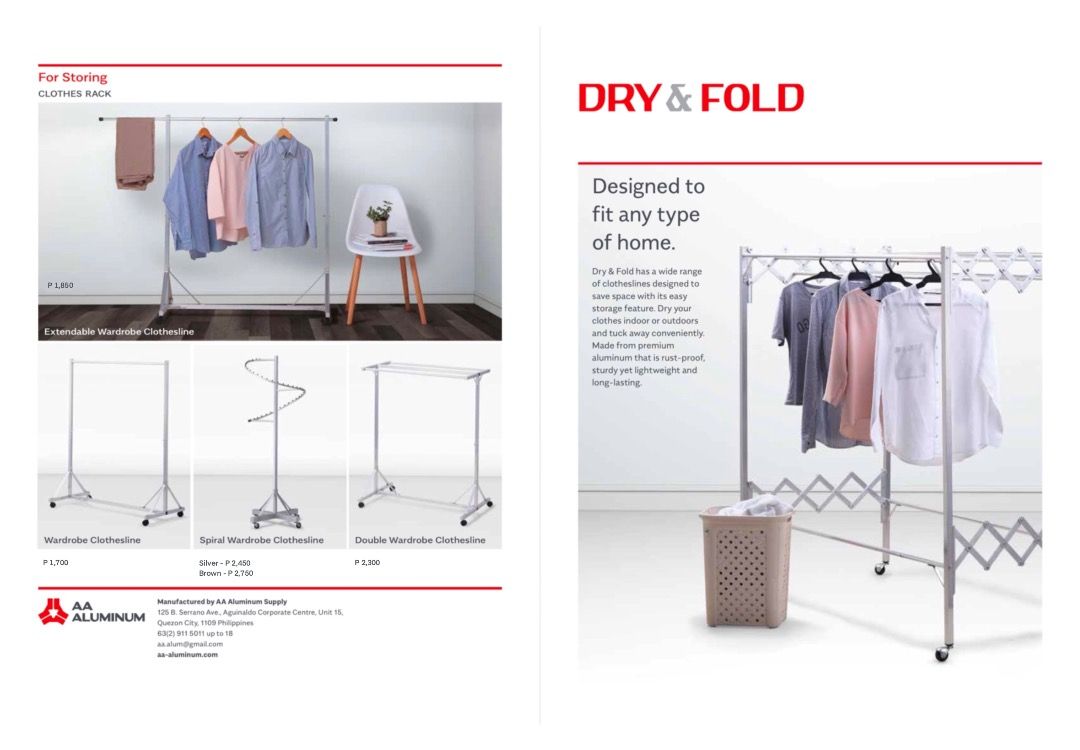 Clothes Drying Rack - Heavy duty, Lightweight, Rust proof (Category: Clothes Drying Rack) located in Quezon City. Submitted by annvel (Listing ID 1311962585, Image 2). Description: Dry & Fold has a wide range of clotheslines designed to save space with its easy storage feature. Dry your clothes indoor or outdoors and tuck away conveniently. Made from premium aluminum that is rust-proof, sturdy yet lightweight and long-lasting. Other models are av