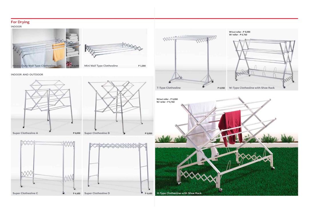 Clothes Drying Rack - Heavy duty, Lightweight, Rust proof (Category: Clothes Drying Rack) located in Quezon City. Submitted by annvel (Listing ID 1311962585, Image 3). Description: Dry & Fold has a wide range of clotheslines designed to save space with its easy storage feature. Dry your clothes indoor or outdoors and tuck away conveniently. Made from premium aluminum that is rust-proof, sturdy yet lightweight and long-lasting. Other models are av