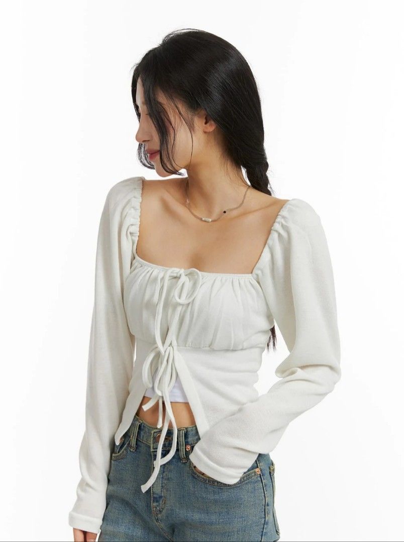 elegant cream puff sleeve cropped top ribbon coquette acubi beige 