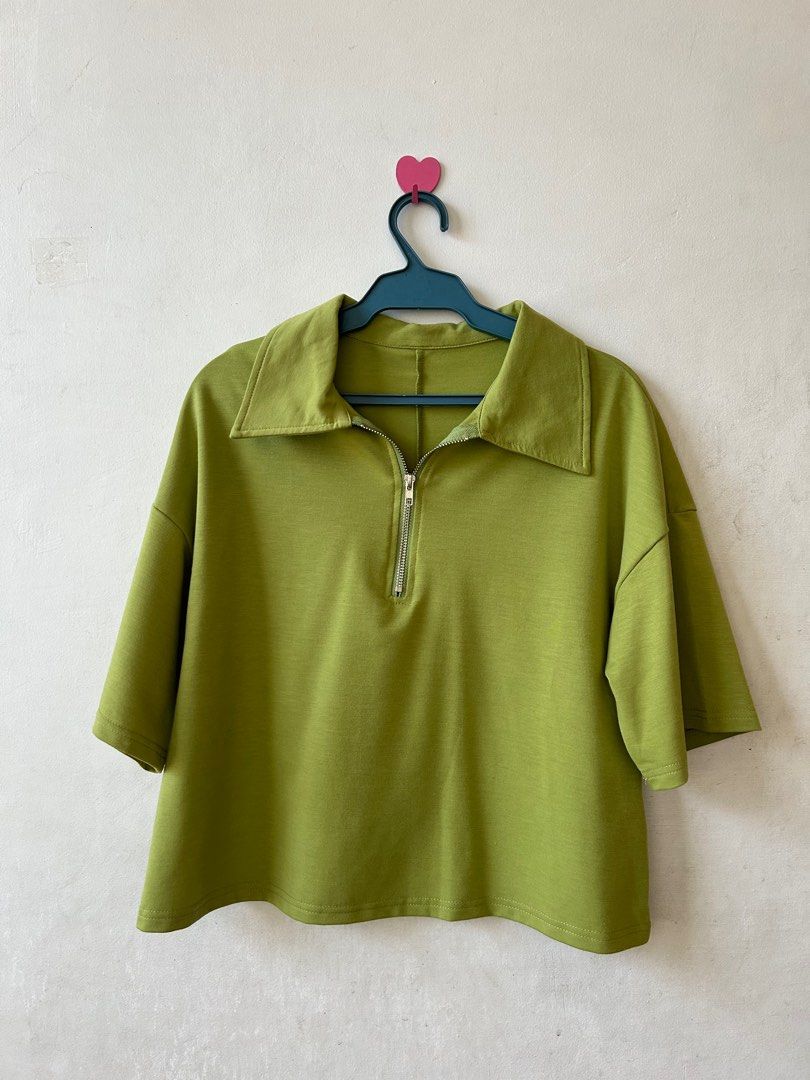 Green SHEIN Zip Up Boxy Polo (Oversized) (Category: Shirts) located in Taguig. Submitted by ooshk (Listing ID 1311930182, Image 1). Description: Size is small but oversized style No issues. RFS: decluttering .