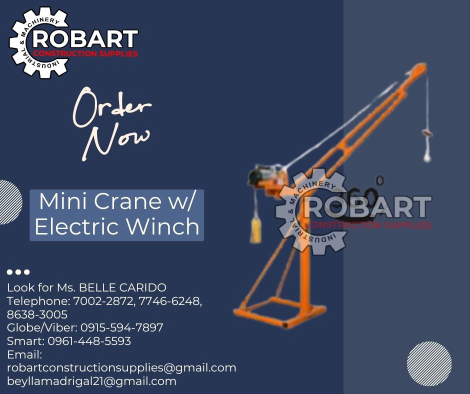 Mini Crane w/ Electric Winch (Category: Construction Tools & Equipment) located in Manila. Submitted by bellarobart (Listing ID 1311971270, Image 1). Description: Mini Crane with PA400 Electric Winch Capacity: 200 Kg Lifting Height: 18 Meters 𝑹𝑶𝑩𝑨𝑹𝑻 𝑪𝑶𝑵𝑺𝑻𝑹𝑼𝑪𝑻𝑰𝑶𝑵 𝑺𝑼𝑷𝑷𝑳𝑰𝑬𝑺 #RobartConstructionSupplies #robartph #constructionmaterials #industrialsupply Office Address: 1405 Yuseco St. Sta Cruz Manila SEND US MESSAGE FOR INQUI