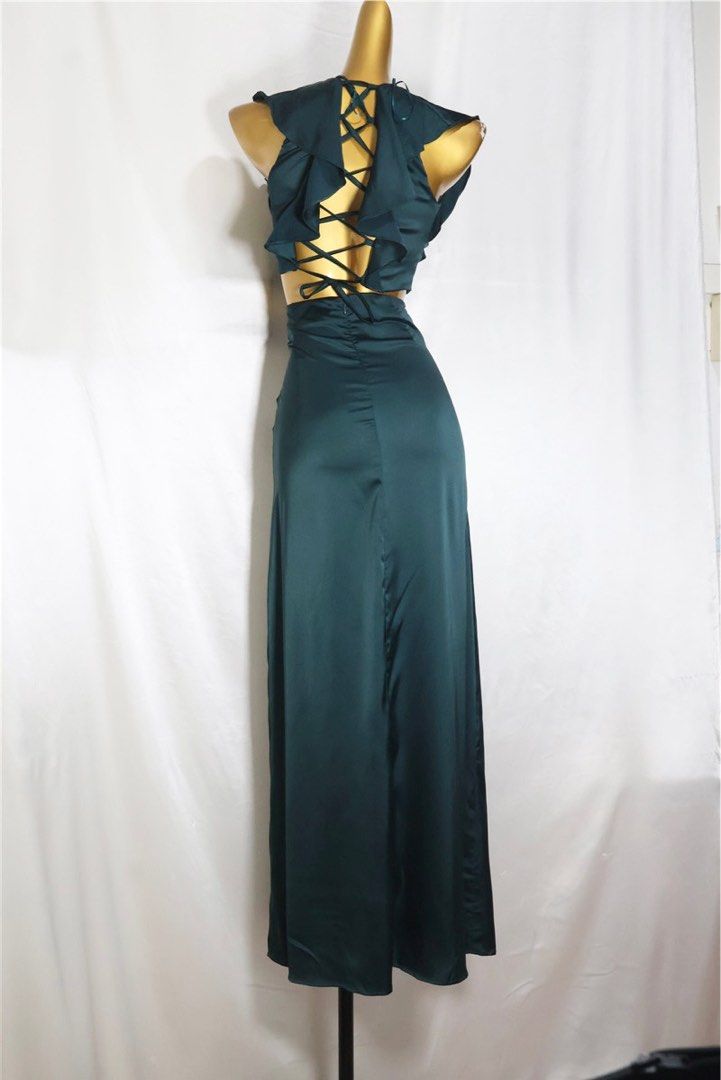 New Green Satin Lace Back Slit Maxi Dress Carousell