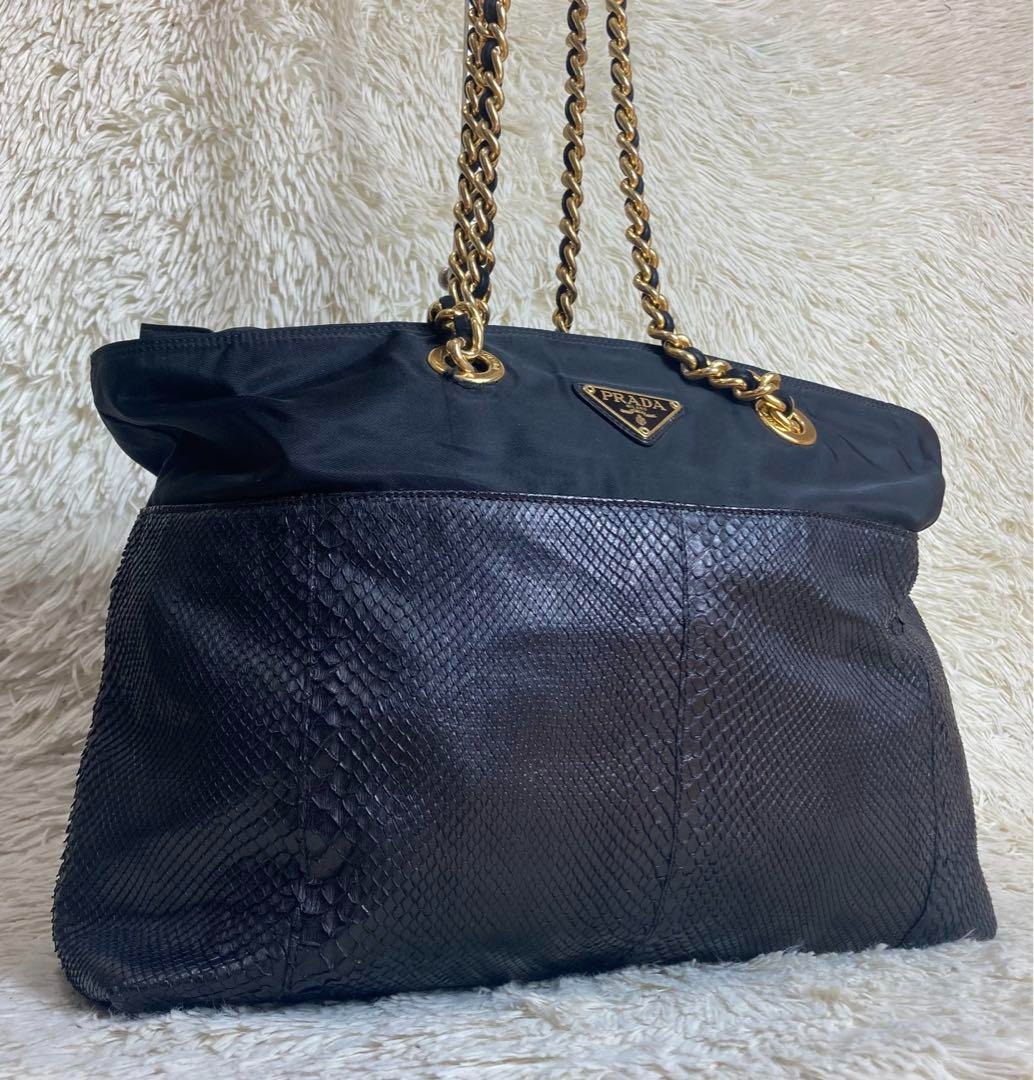 PRADA chain python tote bag with triangle logo nylon black, Women's ...
