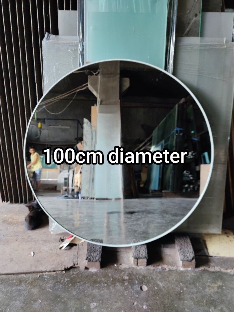 Round mirror with white aluminum frame (Category: Mirrors) located in Malabon City. Submitted by mirrors.ph (Listing ID 1311961376, Image 1). Description: Round mirror with white aluminum frame and plywood backing using 6mm thick copper free mirror Size: 100cm diameter P3307.50 Add P200 if with back hook Available in gold, glossy black, matte black, white and silver aluminum frame. Customize sizes and shapes are welcome.