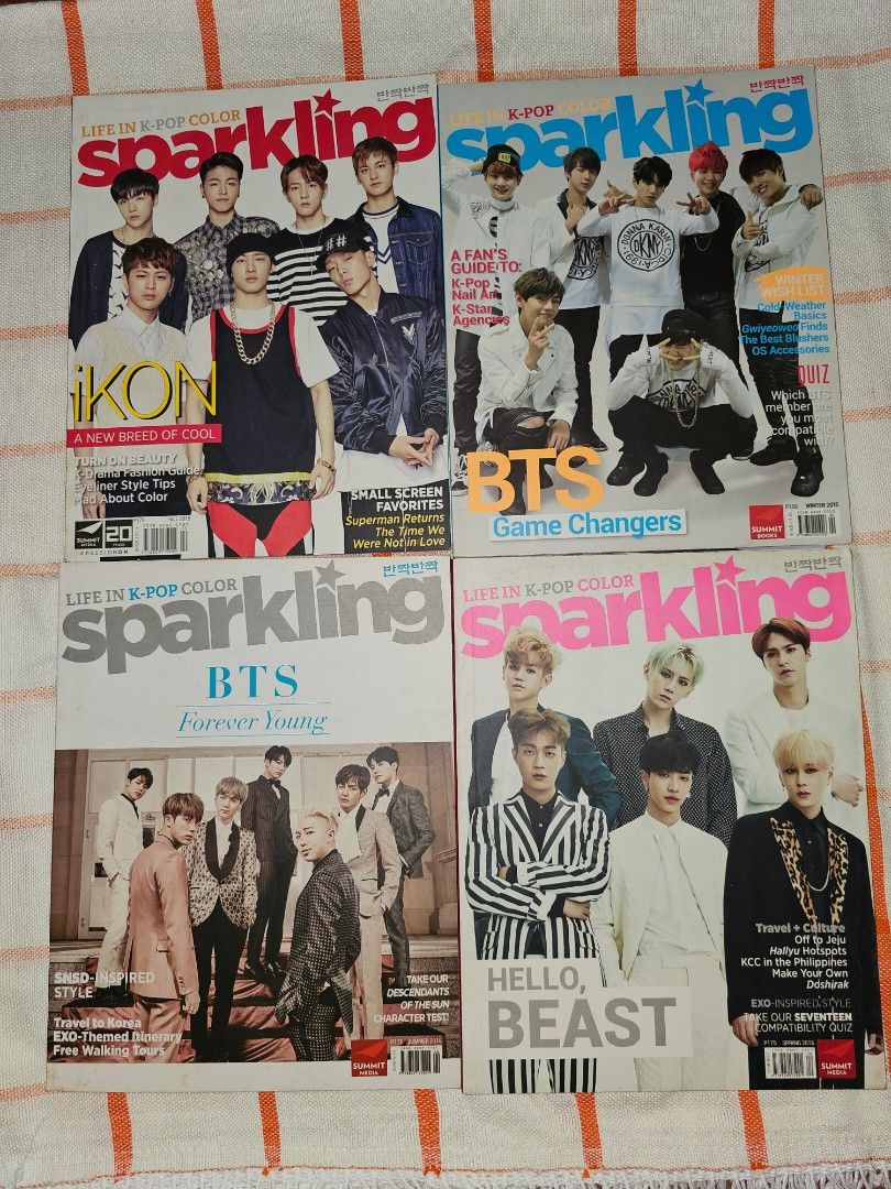 Sparkling Magazines (Category: Magazines) located in Manila. Submitted by lizybee (Listing ID 1311993231, Image 1). Description: For sale: Sparkling magazines Fall 2015 (IKON and Bigbang as cover) Winter 2015 (BTS and UKISS) Summer 2016 (BTS and Song Joong Ki) Spring 2016 (Beast and EXO) Take all for 100pesos RFS: decluttering Can ship this via lalamove or any courier l Feel free to check my other listings. Thank you!.