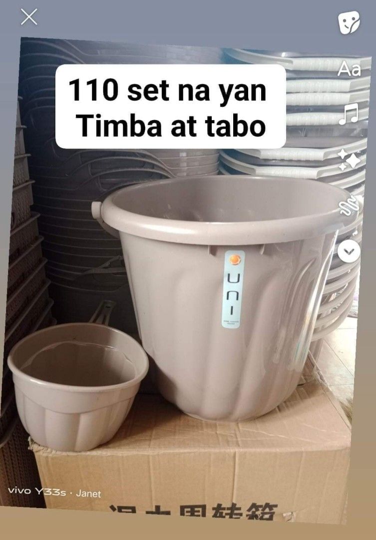 Timba at tabo set (Category: Storage Boxes & Baskets) located in Caloocan City. Submitted by janeil23452 (Listing ID 1311936891, Image 1). Description: makapal set na po yan pick up/lalamove 30 liters.