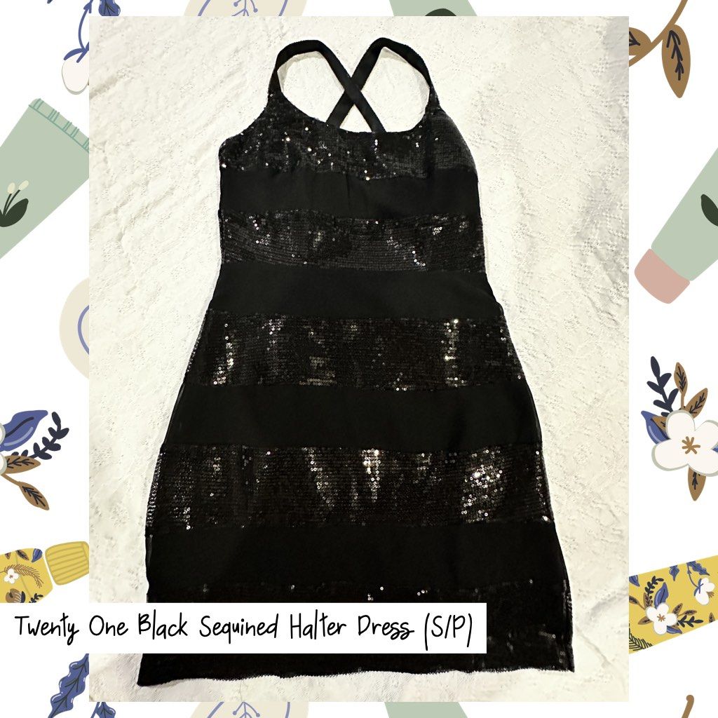 Twenty One Black Sequinned Halter Dress (Category: Dresses) located in San Juan City. Submitted by believeinrepair (Listing ID 1311943493, Image 1). Description: Only used once and altered the length. Good for teens and easy to care for. Petite sizing. Would fit XS and XXS.