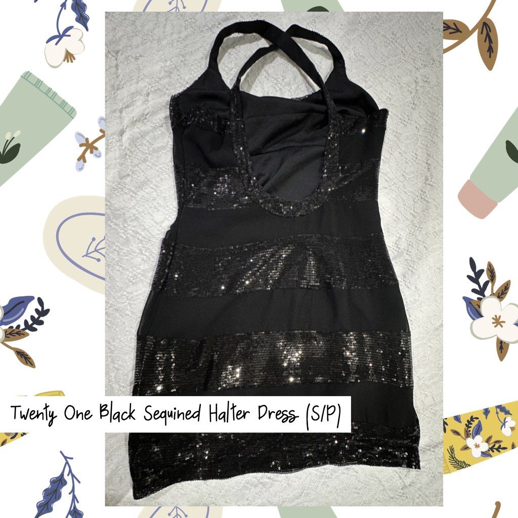 Twenty One Black Sequinned Halter Dress (Category: Dresses) located in San Juan City. Submitted by believeinrepair (Listing ID 1311943493, Image 2). Description: Only used once and altered the length. Good for teens and easy to care for. Petite sizing. Would fit XS and XXS.