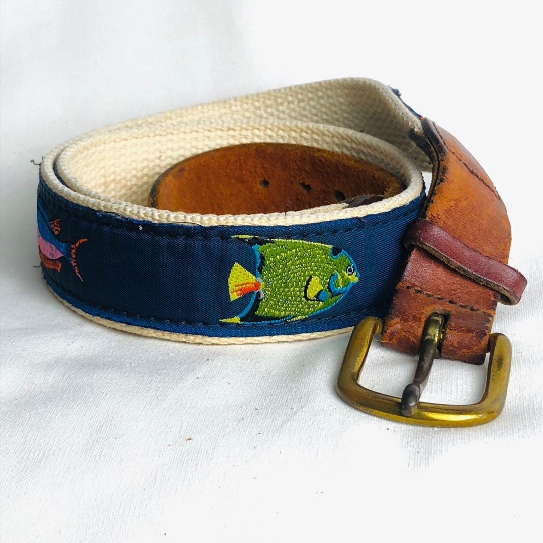 Unique Vintage Handcrafted Canvas On Aged Leather Colorful Fish Themed Belt With A Solid Brass Buckle Men s Fashion Watches Accessories Belts on Carousell