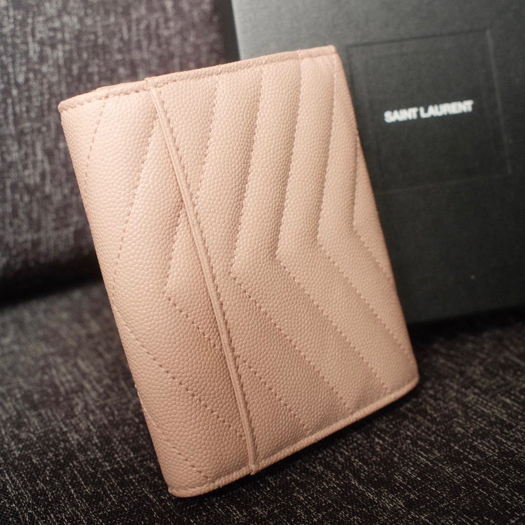 YSL CASSANDRE MATELASSE COMPACT TRI FOLD WALLET IN GRAIN DE POUDRE EMBOSSED LEATHER pale pink
