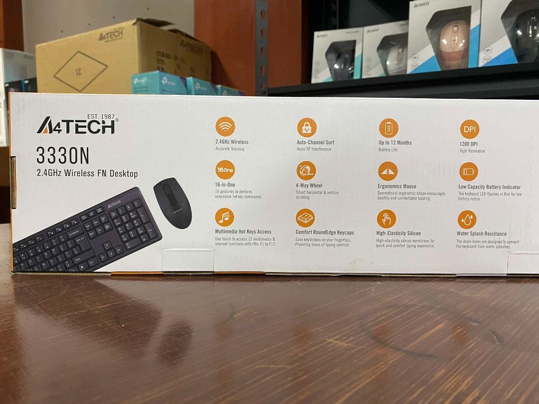 A4Tech 3330N Wireless Mouse Keyboard Combo Black (Category: Computer Keyboard) located in Pasig City. Submitted by technofuseofficial (Listing ID 1315359272, Image 2). Description: A4Tech 3330N Wireless Mouse Keyboard Combo Black Specs: Receiver: RN-20M ( Orange ) Connector: USB Frequency: 2.4G Hz Operating Range: 10 - 15 m Keyboard: GK-3 Hotkeys: 12 Fn Hotkeys Character: Laser Engraving Adjustable Keyboard Legs: Yes Battery: 1AA Alkaline Batteri