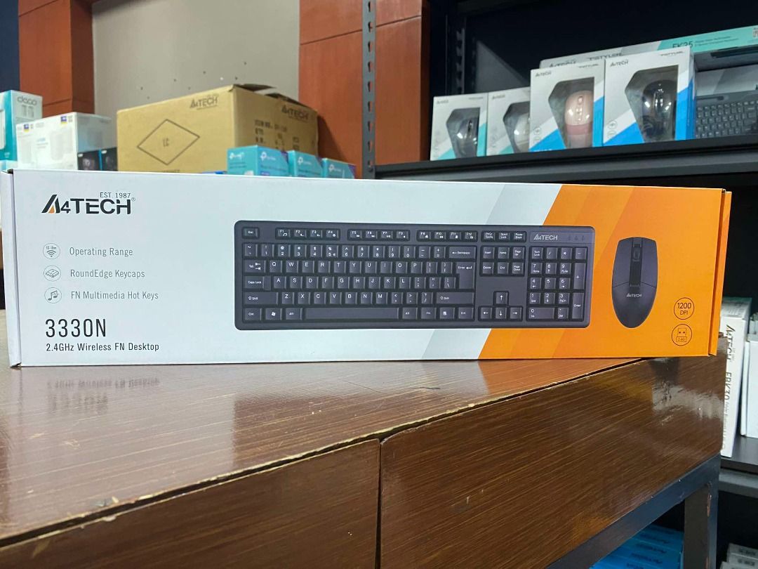 A4Tech 3330N Wireless Mouse Keyboard Combo Black (Category: Computer Keyboard) located in Pasig City. Submitted by technofuseofficial (Listing ID 1315359272, Image 1). Description: A4Tech 3330N Wireless Mouse Keyboard Combo Black Specs: Receiver: RN-20M ( Orange ) Connector: USB Frequency: 2.4G Hz Operating Range: 10 - 15 m Keyboard: GK-3 Hotkeys: 12 Fn Hotkeys Character: Laser Engraving Adjustable Keyboard Legs: Yes Battery: 1AA Alkaline Batteri