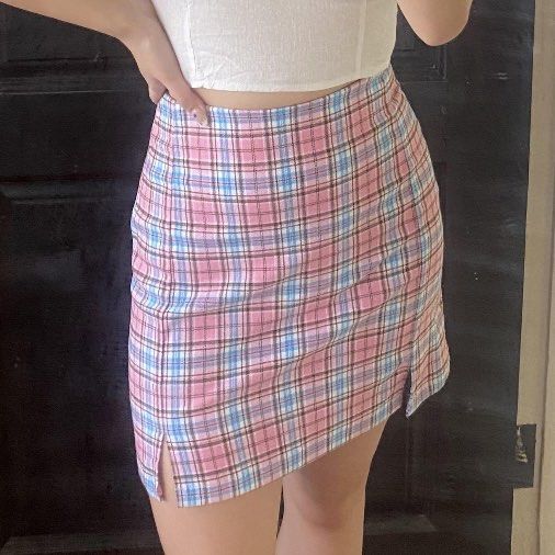 Brandy Melville Pink Blue Plaid Cara Skirt