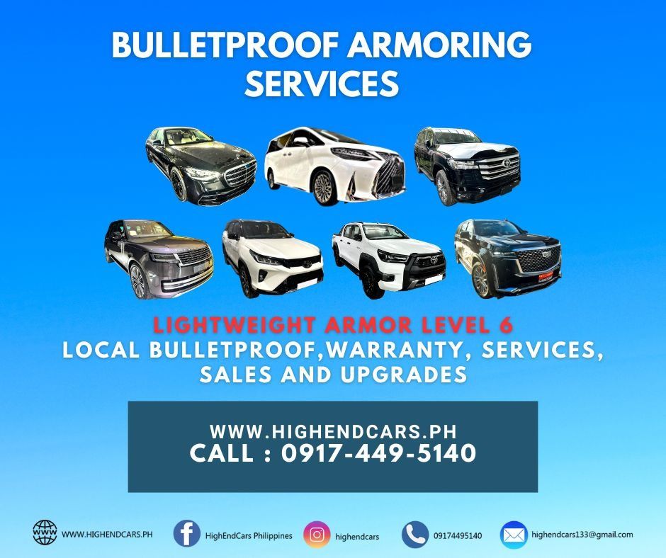 Bulletproof Armoring Services (Category: Car Services) located in Manila. Submitted by highendcars (Listing ID 1135870128, Image 1). Description: BULLETPROOF ARMORING SERVICES HIGHENDCARS.PH -- For every journey, there’s a car Sales / Indent Order/ Trade-in / Parts / Tune Up / Re-sale / Financing / Bulletproof Vehicles & Armoring .