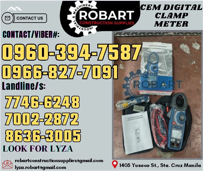 CEM Digital Clamp Meter (Category: Construction Tools & Equipment) located in Manila. Submitted by lyzarobart1999 (Listing ID 1315323417, Image 1). Description: CEM Digital Clamp Meter Model: DT-3343 𝑹𝑶𝑩𝑨𝑹𝑻 𝑪𝑶𝑵𝑺𝑻𝑹𝑼𝑪𝑻𝑰𝑶𝑵 𝑺𝑼𝑷𝑷𝑳𝑰𝑬𝑺 𝒪𝒻𝒻𝒾𝒸𝑒 𝒜𝒹𝒹𝓇𝑒𝓈𝓈: 𝟣𝟦𝟢𝟧 𝒴𝓊𝓈𝑒𝒸𝑜 𝒮𝓉. 𝒮𝓉𝒶 𝒞𝓇𝓊𝓏 𝑀𝒶𝓃𝒾𝓁𝒶 ꜱᴇɴᴅ ᴜꜱ ᴍᴇꜱꜱᴀɢᴇ ꜰᴏʀ ɪɴQᴜɪʀɪᴇꜱ ‼️ ‼️ ɢʟᴏʙᴇ: (0966-827-7091) ꜱᴍʀᴛ - (0960-394-7587) ᴠɪʙʀ - (0960-394-7587) ʟᴀɴᴅ