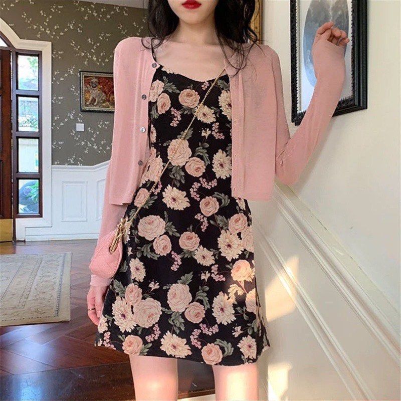 One set dress dan cardigan pink import