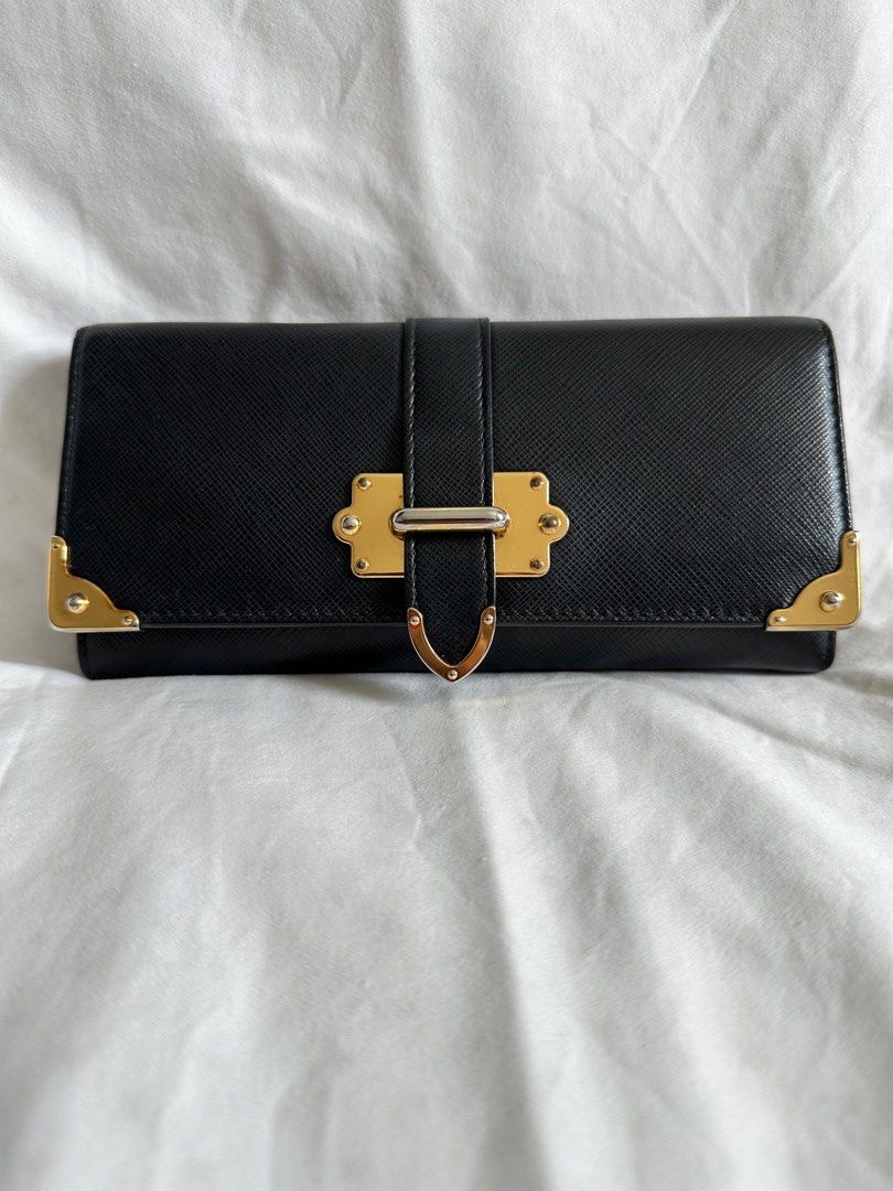 Prada Cahier Flap Wallet Saffiano Leather Long (Black), Luxury