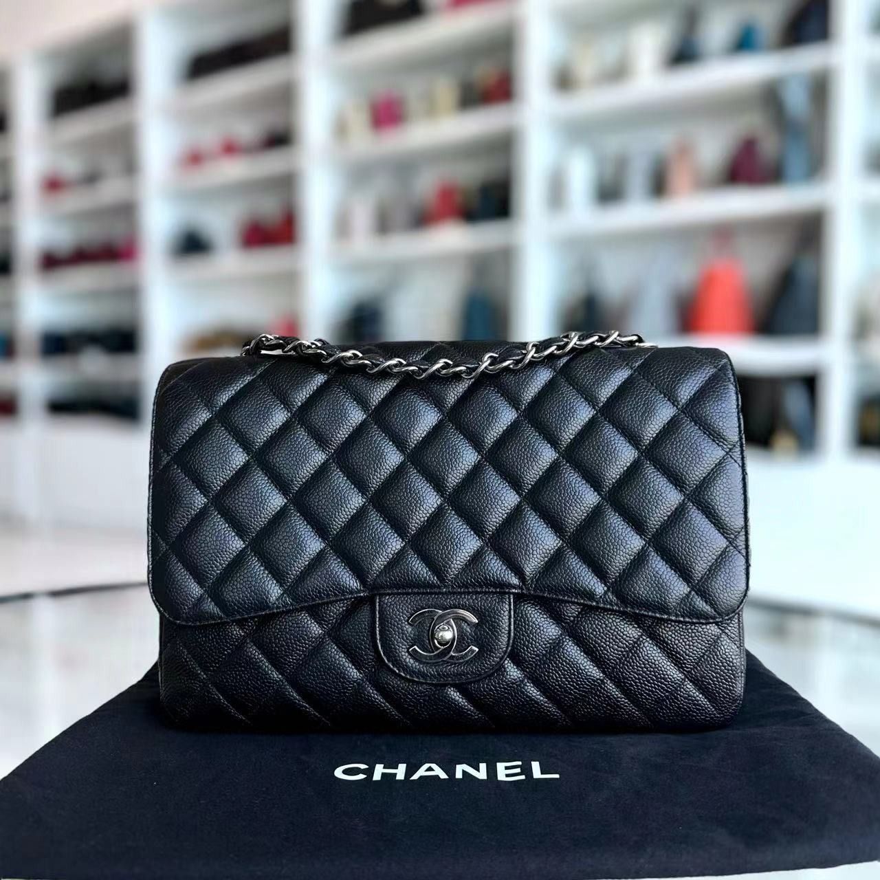 Ready Stock Chanel Caviar Jumbo Classic Flap Quilted Grained Calfskin Black Silver Hardware Series 12