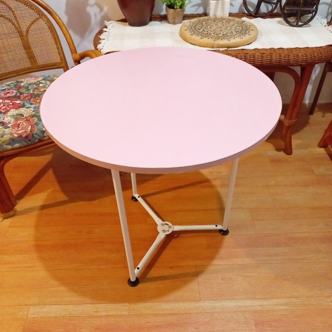 Round pink minimalist coffee table side table center table (Category: Tables & Sets) located in Dasmarinas. Submitted by millennialmeetsvintage (Listing ID 1314997411, Image 3). Description: SALE💗 before: 1500 now: 1200 material: laminated mdf top and steel base well made sturdy and durable light pink color H 55 x D 55 cm fixed price, no haggling 📌shipping via lalamove only 📌no reservations, first-to-pay basis 📌no physical store, no walk-ins 